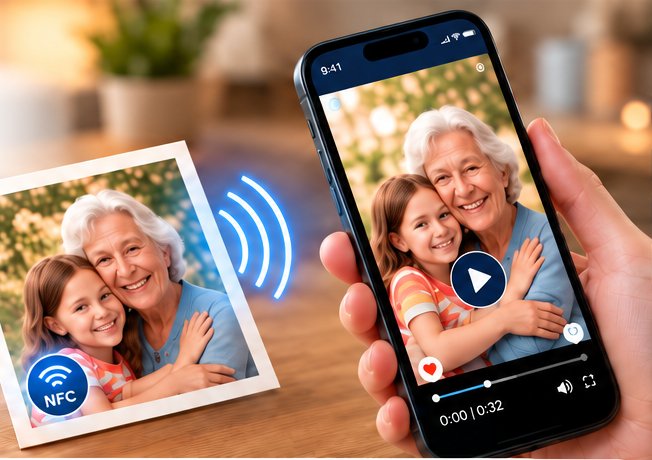 Photo souvenir d’une grand-mère et sa petite-fille avec puce NFC, transmettant la vidéo au téléphone par des ondes bleues, sans flèche